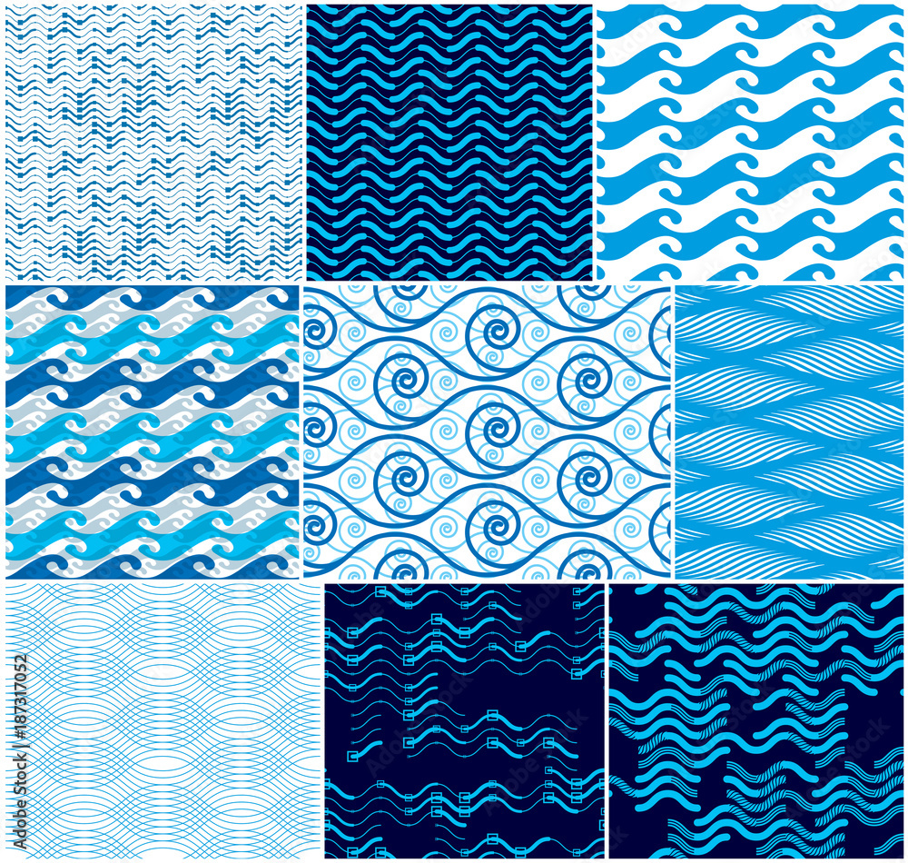 Aufkleber waves seamless pattern, vector water runny curve lines abstract repeat endless background, blue colo