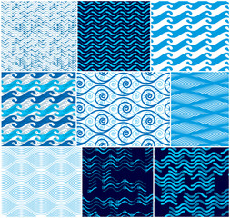 Materiał do szycia Waves seamless pattern, vector water runny curve lines abstract repeat endless background, blue color rhythmic waves.