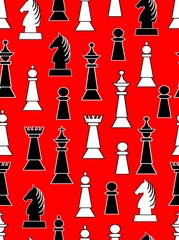 Seamless background with black and white chess pieces on light red background. Uneven distributed horse, king, queen, bishop and knight