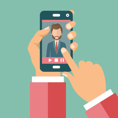 Video conference on line call concept. Hands holding smart phone with live video conversation on screen. Flat vector illustration
