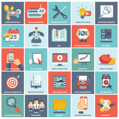Modern flat icons vector collection in stylish colors of web design objects, business, office and marketing items.