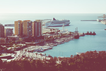 Fototapeta na wymiar Panoramic view at the Marina place in Malaga. Malaga is the second-most populous city of Andalusia and the sixth-largest in Spain.
