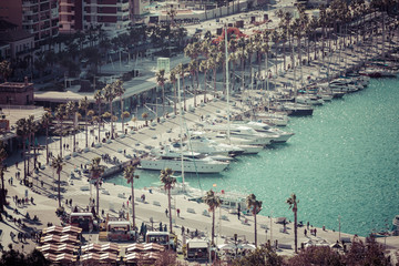 Panoramic view at the Marina place in Malaga. Malaga is the second-most populous city of Andalusia and the sixth-largest in Spain.