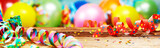 Panoramic party banner with balloons and streamers