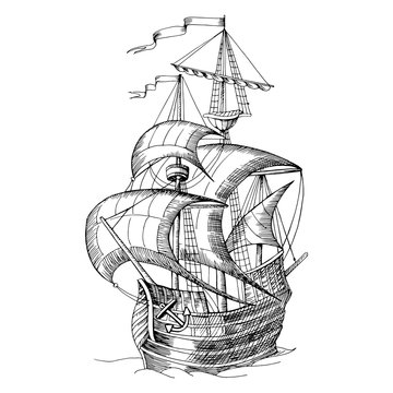 Old caravel, vintage sailboat. Hand drawn vector sketch.