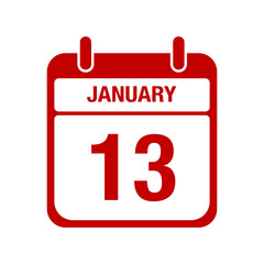 13 January calendar red icon. thirteen