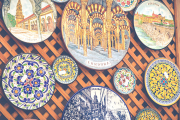 Ceramics plates at local souvenir shop in Cordoba, Andalusia, Spain.