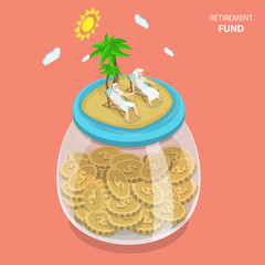 Retirement fund flat isometric vector concept. Aged couple is laying on the beach chairs on the sea shore that located on the top of the huge glass jar with coins.