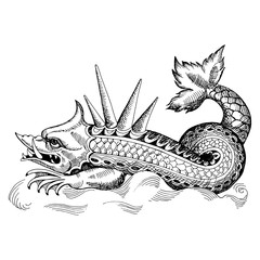 Mythological vintage sea monster. Fragment design of old pirate geographical map