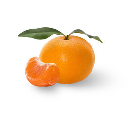 Mandarin with fresh leaves and a slice  isolated. Fruit with clipping path for packing.