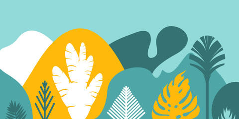 Card, banner, invitation with tropical landscaping, plants, trees, hills and mountains. Preservation of the environment, ecology. Natural parks, tourism, outer space. Flat style. Vector illustration.