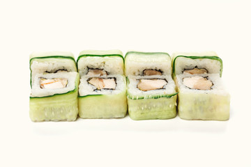 Set of sushi rolls isolated closeup, top view