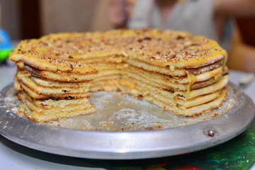 Pieces of homemade apple cake on a baking grid over a wooden table, copy space, selected focus, very narrow depth of field