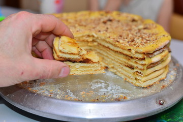 Pieces of homemade apple cake on a baking grid over a wooden table, copy space, selected focus, very narrow depth of field