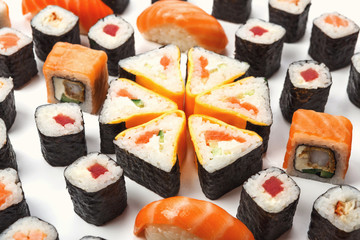 Set of sushi, maki and rolls isolated on white background