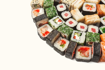 Set of sushi, maki and rolls isolated on white background