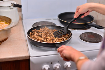 Fresh mushrooms collected in the forest fried in a deep frying pan,mushroom protein source,space for text