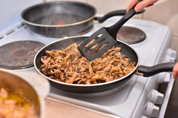 Fresh mushrooms collected in the forest fried in a deep frying pan,mushroom protein source,space for text
