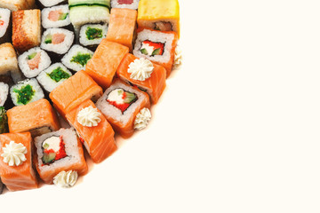 Set of sushi, maki and rolls isolated on white closeup