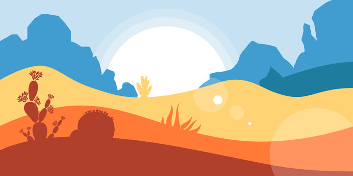 The landscape of the American desert with mountains and canyons, cacti and succulents. Preservation of the environment, ecology, tourism. Flat style. Vector illustration.