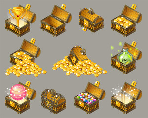 Golden trophies in glowing chests. Set for computer game. Isolated vector illustration.