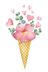 Watercolor vector creative hand painted bouquet from green leaves, flowers roses and hearts in a waffle cone.