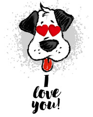 Vector illustration with cute cartoon sketch dog with tongue, symbol of new year.