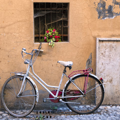 Fototapeta na wymiar Rieti (Italy), white bicycle and flowers