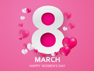 8 March. Happy Mother's Day. pink and White heart with lettering on background