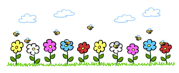 Cartoon Bienen bestäuben Blumen im Garten © Robert Kneschke
