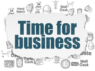 Obraz premium Time concept: Painted blue text Time for Business on Torn Paper background with Hand Drawing Time Icons