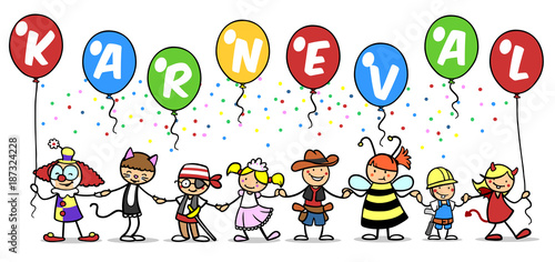 "Gruppe Kinder beim Karneval feiern im Kostüm" Stockfotos und