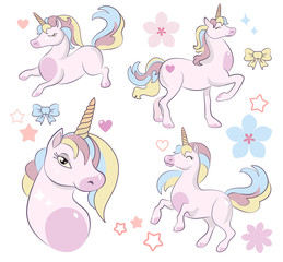 Obraz na płótnie Canvas Set of cute pink unicorn, cartoon, vector illustration, head portrait sticker