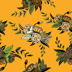 Floral seamless pattern. Vector illustration of beautiful flowers on orange background