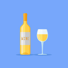 Bottle and glass of white wine isolated on blue background. Flat style vector illustration.