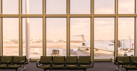 Empty seats at the airport terminal lobby.