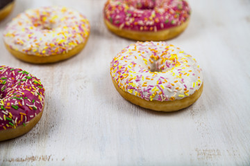 Multicolored donuts close-up