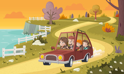 Cartoon family driving a car in the park. Road on nature background.
