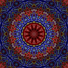 abstrakt fraktal rot blau gold zwölfseitig mandala illustration