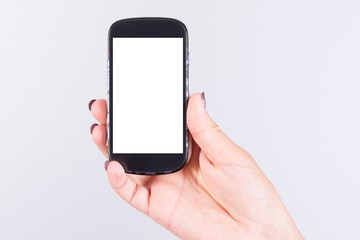blank white screen for cell phone smartphone in woman hand