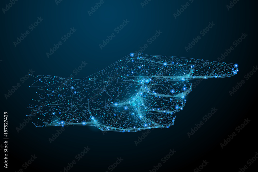 Poster abstract image of hand with pointing in the form of a starry sky or space, consisting of points, lin