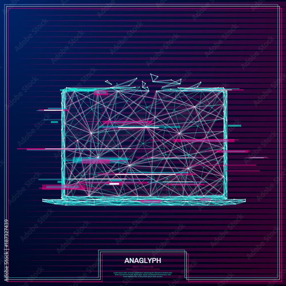 Poster vector distorted glitch concept. tv distortion 3d effect stereoscopic, anaglyph laptop.