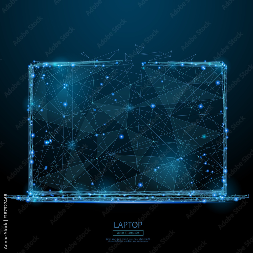 Poster abstract image of laptop in the form of a starry sky or space, consisting of points, lines, and shap