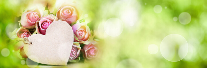 Roses with greeting card on spring background