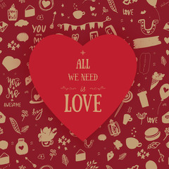 Doodle Valentine poster with hand drawn lettering and graphic elements. Vector greeting card on red background