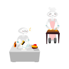 Vector robots, artificial intelligence in modern life concept. Wheeled cyborg assistants helping with household chores, coocking, washing dishes. Isolated scene illustration, white background.