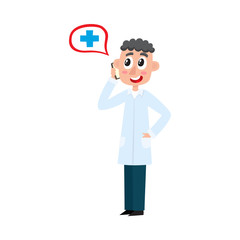 vector flat young male doctor, physician in white medical clothing keeping talking on smartphone, providing remote medical consultation smiling. Isolated illustration on a white background.