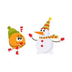 Vector flat winter fruit character - happy orange in love outdoor hat, boots and snowman in party hat, scarf, mittens. Isolated illustration white background. New year christmas poster design element