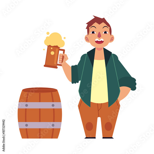 "Vector cartoon beer lover adult man with big beer belly holding mug