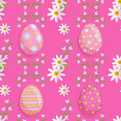 vector easter holiday seamless pattern with spring festive elements - decorated eggs, daisy flowers with leaves for your design. Flat style illustration on pink background